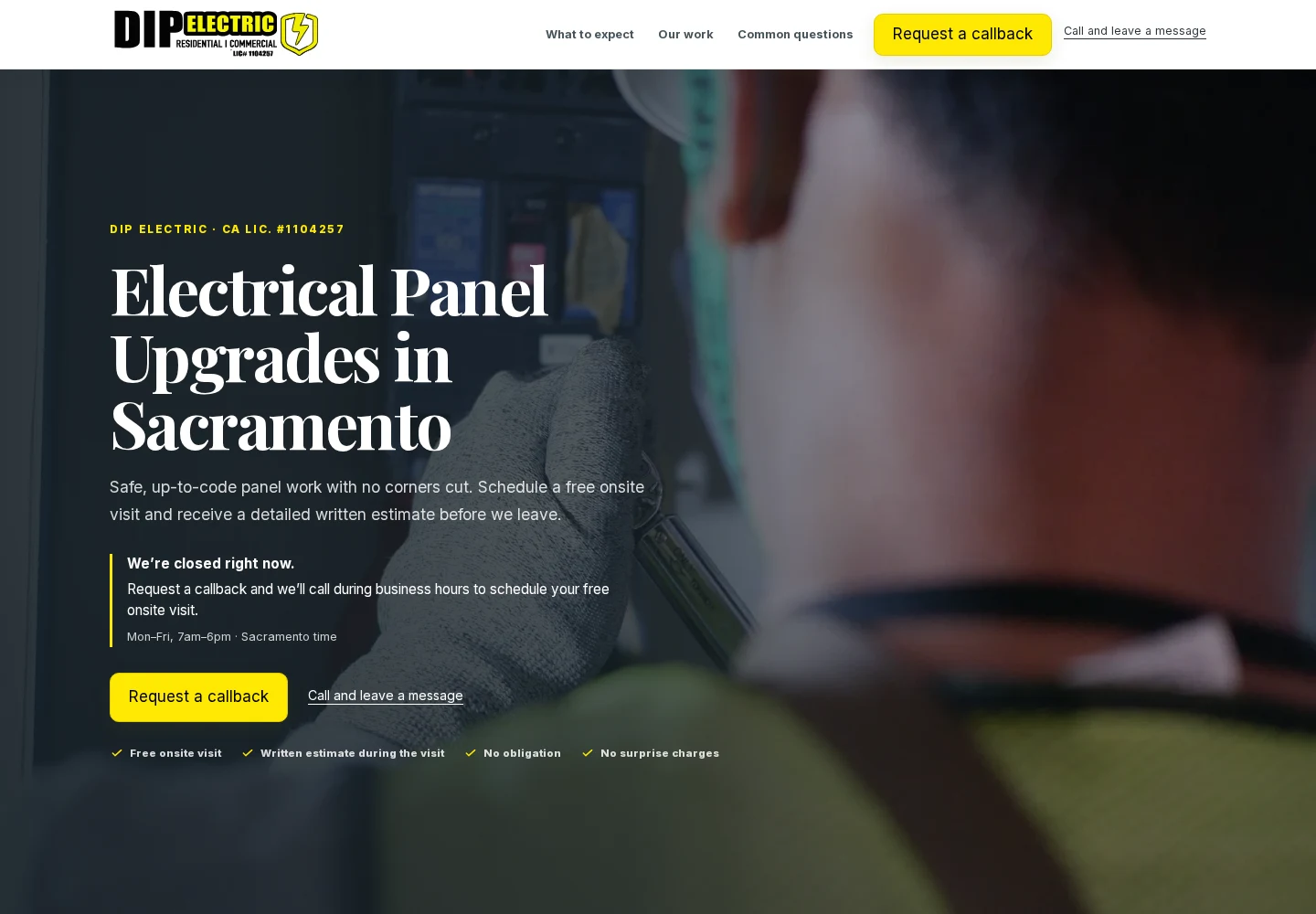 Dip Electric panel-upgrade landing page with Sacramento service messaging, estimate details, and a callback action