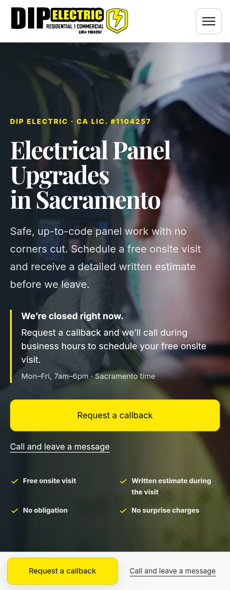 Mobile panel-upgrade page showing a service-specific headline and after-hours callback options